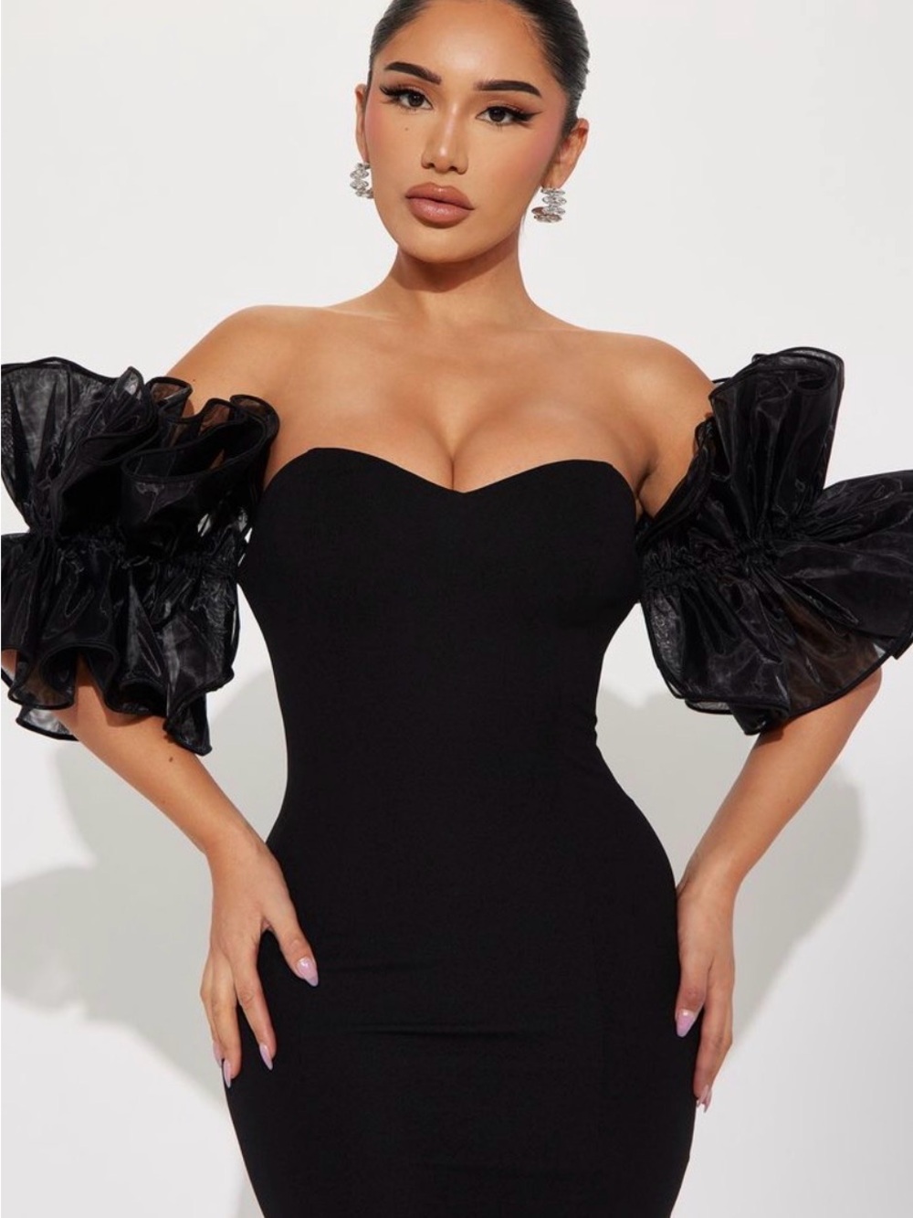 Fashion Nova Black One-Shoulder Puff-Sleeve Bodycon Dress